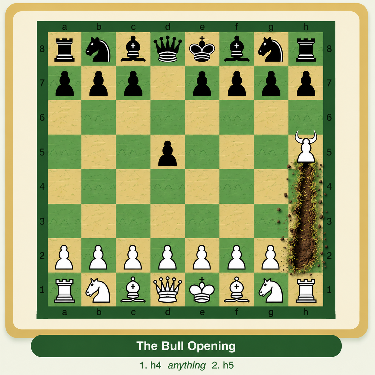 Stylized chessboard showing a white pawn with bull horns charging from h2 to h5 and leaving a torn strip of turf behind it while Black has played d5.